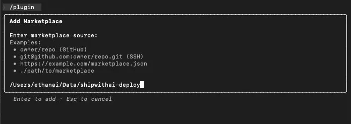 Add Marketplace dialog with a local path entered
