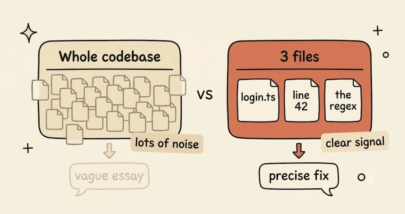 So sánh hai context window — một bên nhồi cả codebase và cho ra "vague essay", bên còn lại được highlight chỉ với ba file và cho ra "precise fix".
