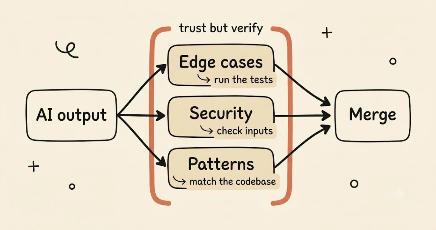 Sơ đồ luồng output của AI đi qua ba cửa review — edge cases, security và patterns — được đóng khung "trust but verify" trước khi tới bước merge.