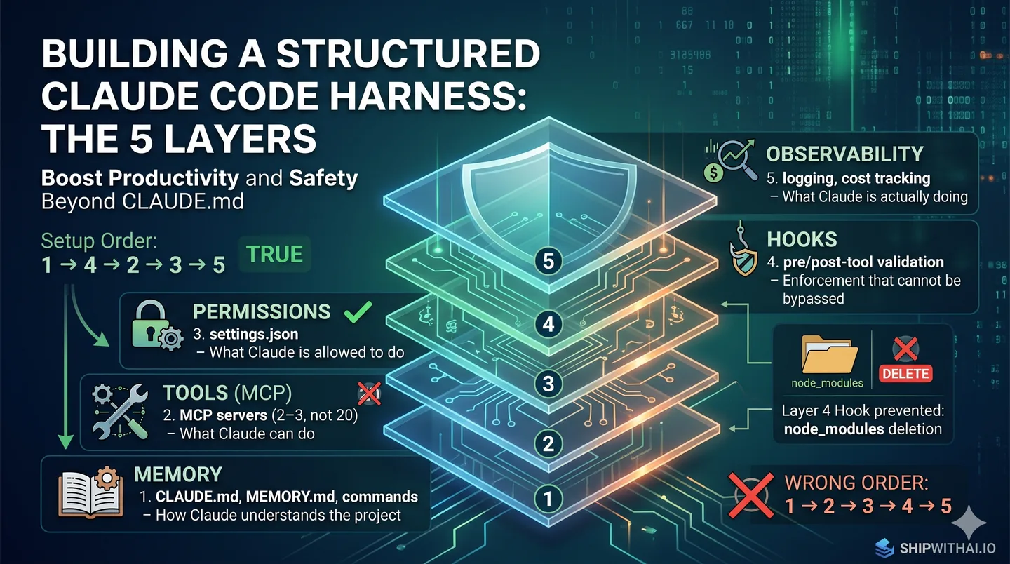 Diagram showing the 5 layers of the Claude Code harness architecture