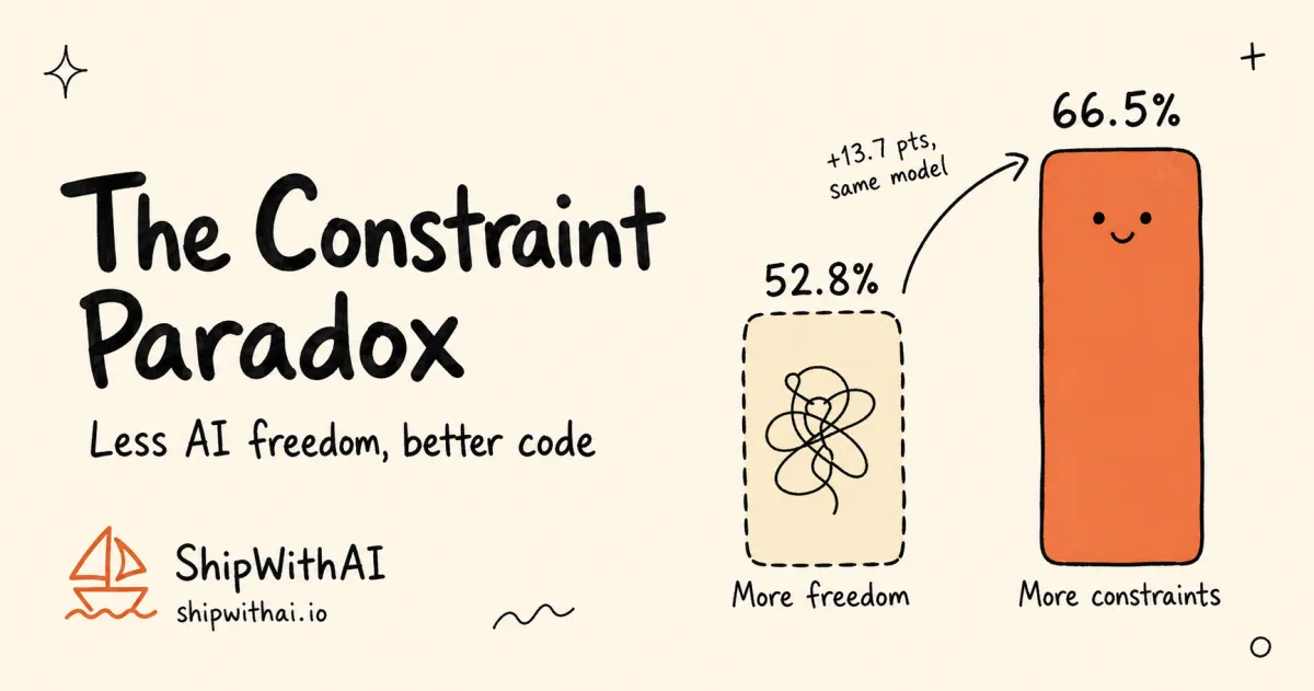 Ảnh bìa vẽ tay: một cột 52.8% ngắn, rối, ghi More freedom bên cạnh một cột cam 66.5% cao hơn ghi More constraints, tiêu đề The Constraint Paradox.