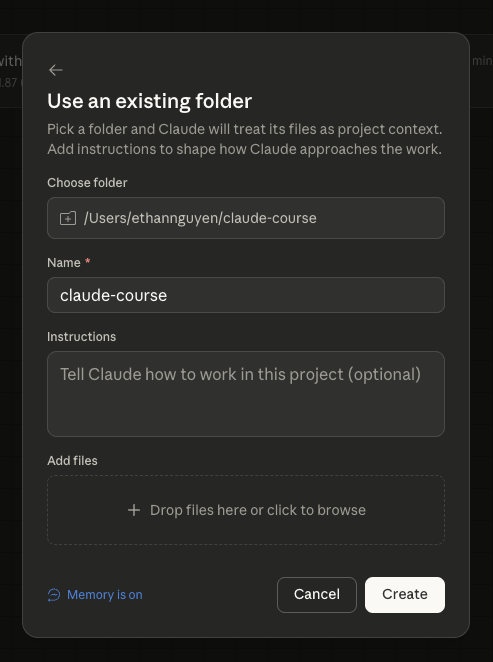 Project setup with folder selected and Instructions field