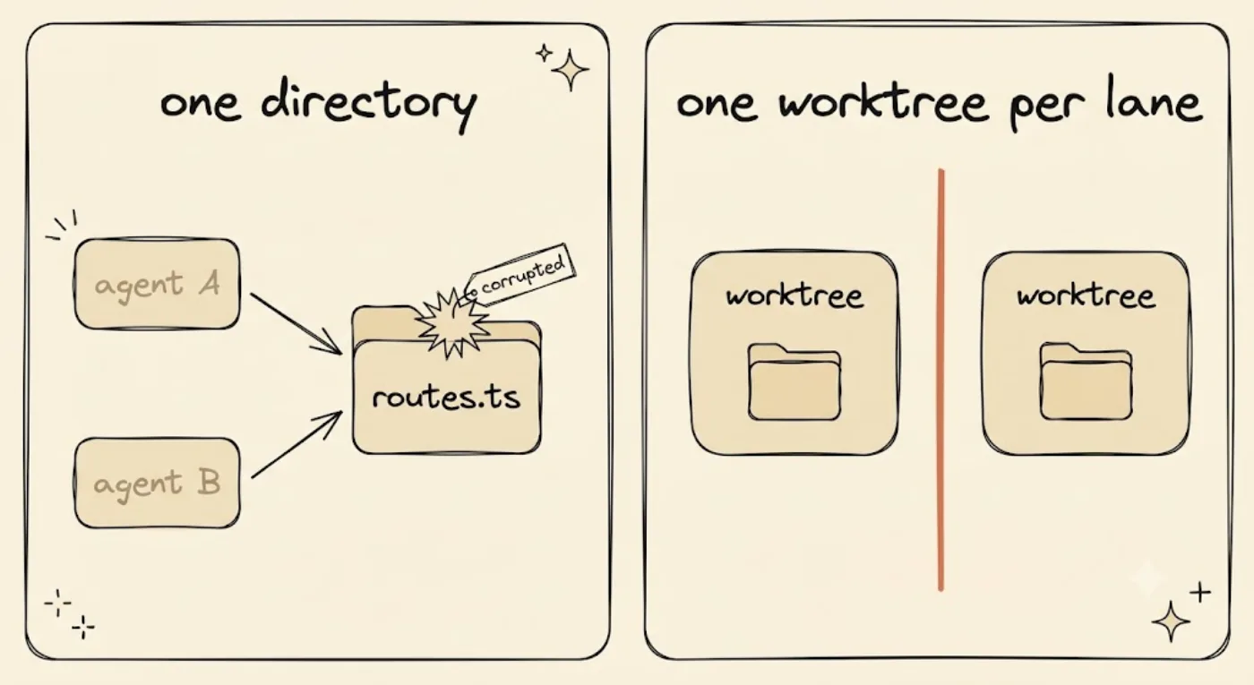 Two-panel hand-drawn diagram. Left, labeled "one directory": two agent boxes both point at one shared "routes.ts" folder with a collision burst marked "corrupted". Right, labeled "one worktree per lane": two separate "worktree" boxes each with its own folder, split by a single orange vertical divider line marking the isolation boundary.