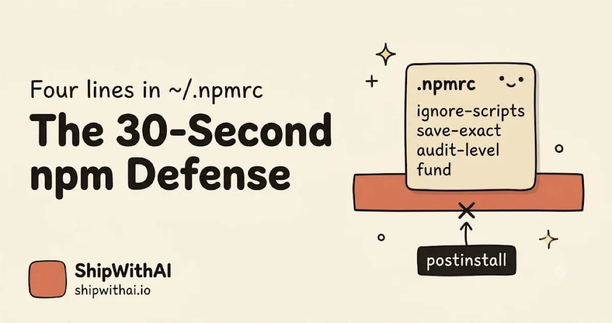 The .npmrc card listing ignore-scripts, save-exact, audit-level, and fund, resting on an orange bar that blocks a postinstall payload arrow with an X.