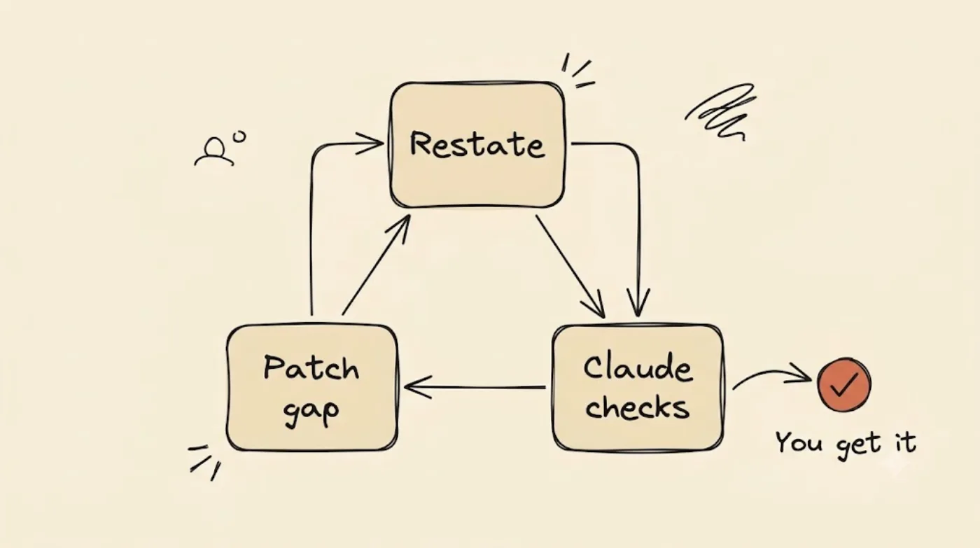 Loop diagram cycling through Restate, Claude checks, and Patch gap, with a branch to a highlighted "You get it" checkmark once the restated summary holds up.